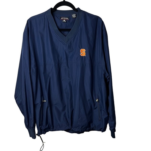 SYRACUSE UNIV NAVY BLUE NYLON VNECK WINDBREAKER MEN’S LARGE Antigua Cinch Pocket - Picture 1 of 9